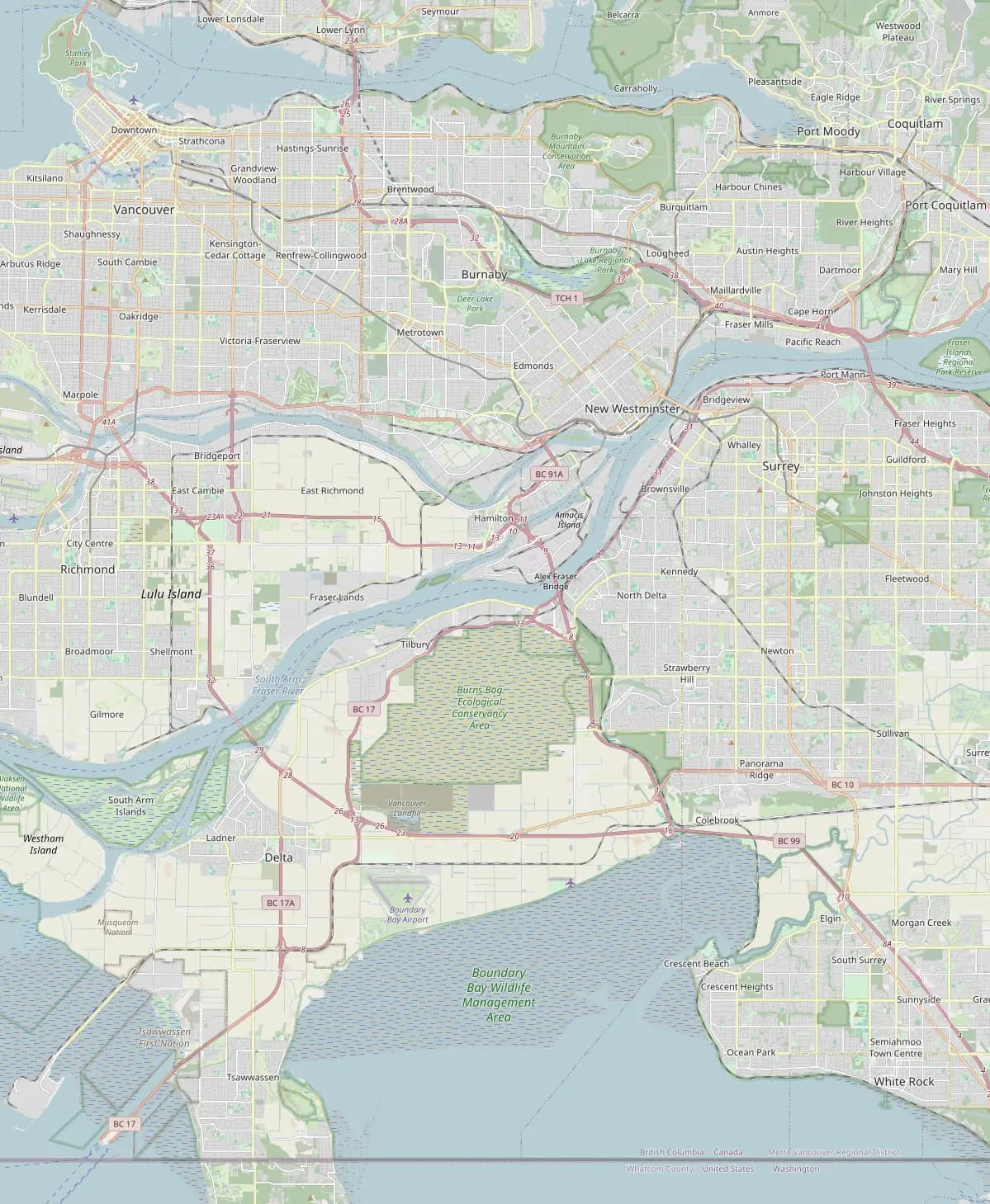 Map of Metro Vancouver showing the cities Encano Plumbing serves from its Richmond base: Richmond, Vancouver, Burnaby, Surrey, Delta, New Westminster, White Rock